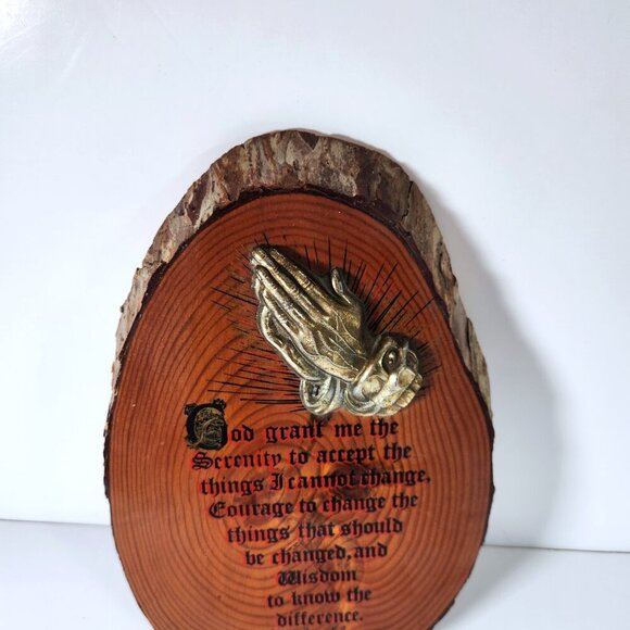 Serenity Prayer Vintage Wood Slab Live Edge Wall Art Praying Hands Hanging - Picture 2 of 10